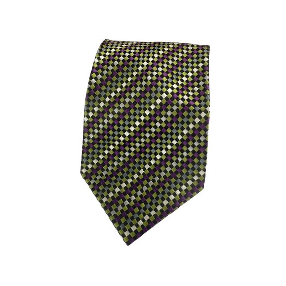 Alexander Julian Colours Checkered Silk Tie Purple Green Business Wedding - Picture 6 of 6
